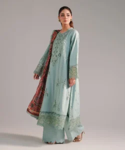 3 Piece - Embroidered Cotton Satin Suit